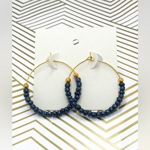 Gold earrings dark blue beaded hoops dark